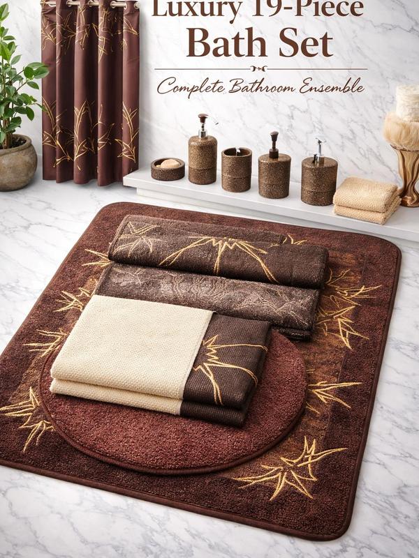 Luxury 19-Piece Bathroom Set Includes 2 Bath Mats Toilet Seat Cover Shower Curtain 3 Towels 12 Hooks Complete Ensemble for Coordinated Look Decorative Versatile Design