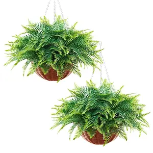Summervibes VEVOR Artificial Ferns, 2 Pcs Fake Hanging Boston Fern Bush Plant with 23 Inch Hanging Length, Plastic Faux Greenery for Indoor and Outdoor Decor, For Wall, Wedding Party, Home, Porch Garden, Office