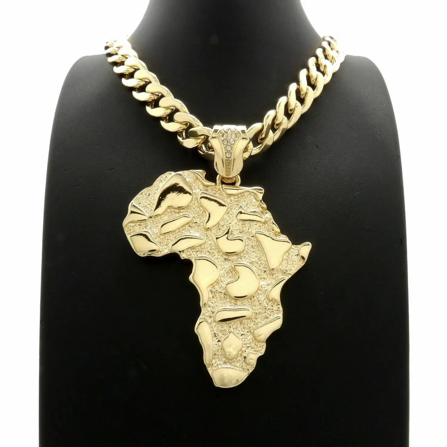 Large Golden Nugget Africa Map Pendant & 10mm 16" 18" 20" 24" 30" Cuban Chain Gold Plated Hip Hop Necklace Jewelry, Gold Statement Chain, Hip Hop Jewelry