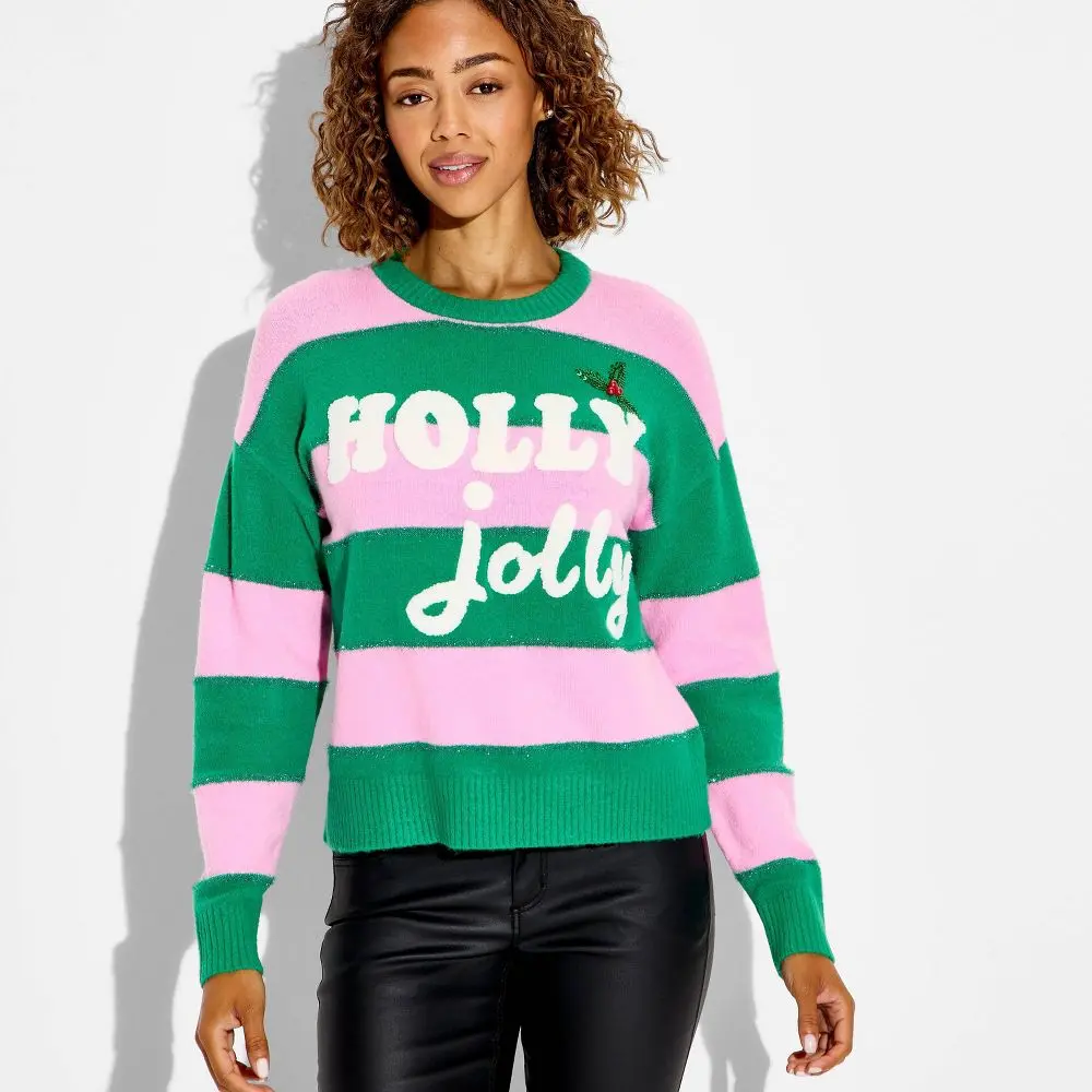 Women's Holly Jolly Festive Graphic Sweatshirt, Ribbed Jersey-Spandex Fabric Garment