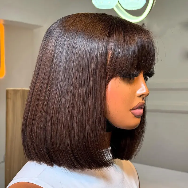Dark Honey Brown Colored 4x4 Lace Front Human Hair Wigs for Women Dark Chocolate Brown Colored Straight Bob Wigs 180 Density with Straight Bangs