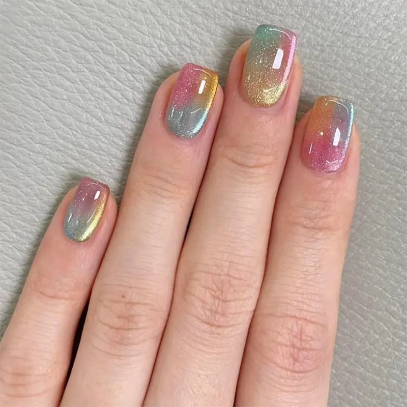 Curvlife short squoval mulit colored Nail Art Press On Nails cat eye pink glossy shiny 2 Week Wear