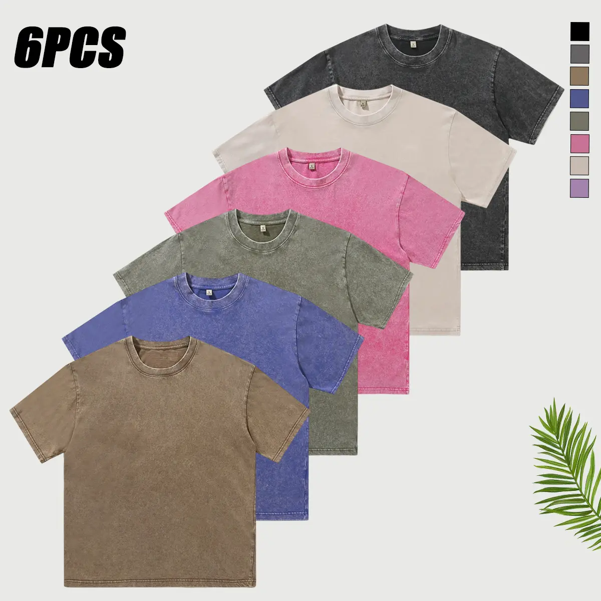 Men's 6-Pack Vintage Washed Cotton Tshirt, Plain Round Neck Casual Streetwear, Chic Fashion, Size M