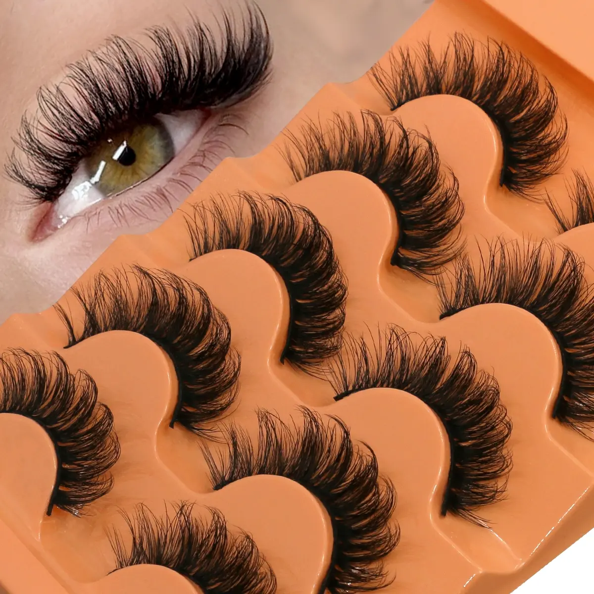 GROINNEYA 5 Pairs Fluffy 8D Voluminous False Eyelashes, Russian Strip Lash Extensions, Thick Soft Curly Fake Lashes for Daily Longer-Looking Eyelashes, Volume False Lashes, Volumized False Eyelashes, Cosmetic Kit, Eyelash Extensions Set