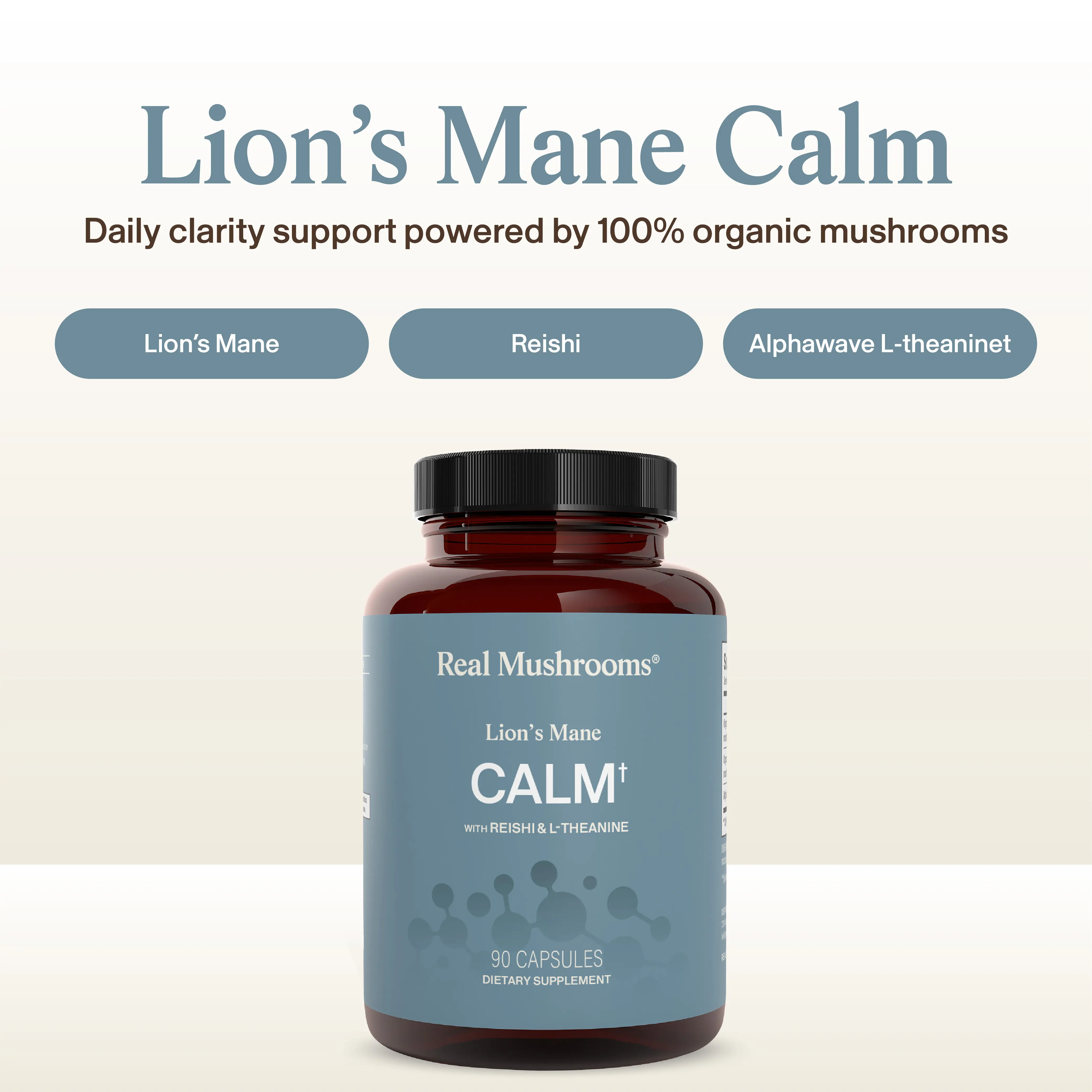 Real Mushrooms Lion's Mane CALM | Organic Lions Mane Reishi L Theanine | Relaxation Support | 90 Capsules | 45 Servings