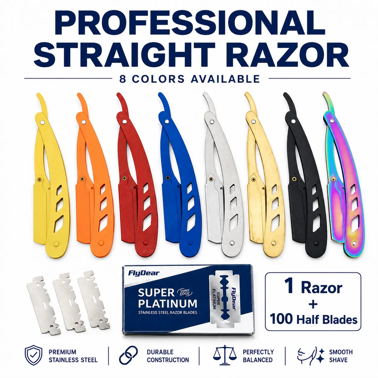 Professional Straight Razor for Men, Barber Edge Manual Shaver with 100 Replaceable Blades, Stainless Steel Beard Shaving Razor, Reusable Grooming Tool Kit, Easy Blade Replacement, Smooth Shave for Men head body
