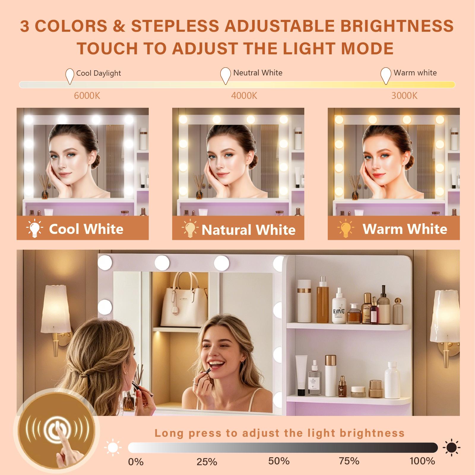 39" LED Vanity Desk with Mirror & Lights – Tempered Glass Top, 2 RGB Drawers & Built-in Power Outlet Vanitydesk