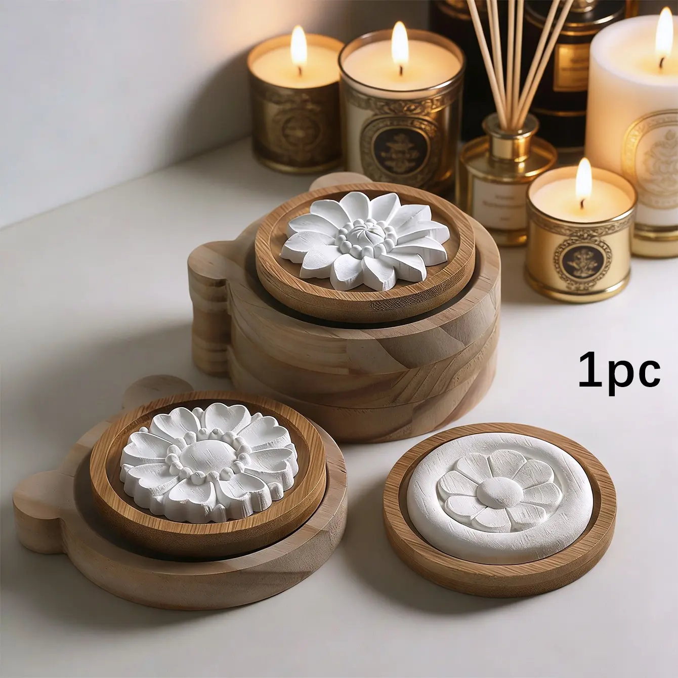 2-Piece Set Bamboo Base + Gypsum Flower Handmade Essential Oil Diffuser, Reusable Passive Round Scented Desk Decor, Premium Diffuser, Creative Gift for Small Spaces, Aromatherapy Diffuser, Fragrance Oil Diffuser, Home Fragrance