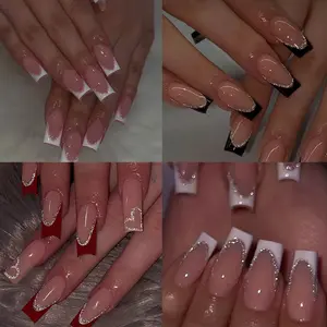96pcs Medium Square Acrylic Nail Tips Set, Glossy Finish, French Heart Design, Includes Storage Box, Perfect for Women and Girls, Glittering Fake Nails