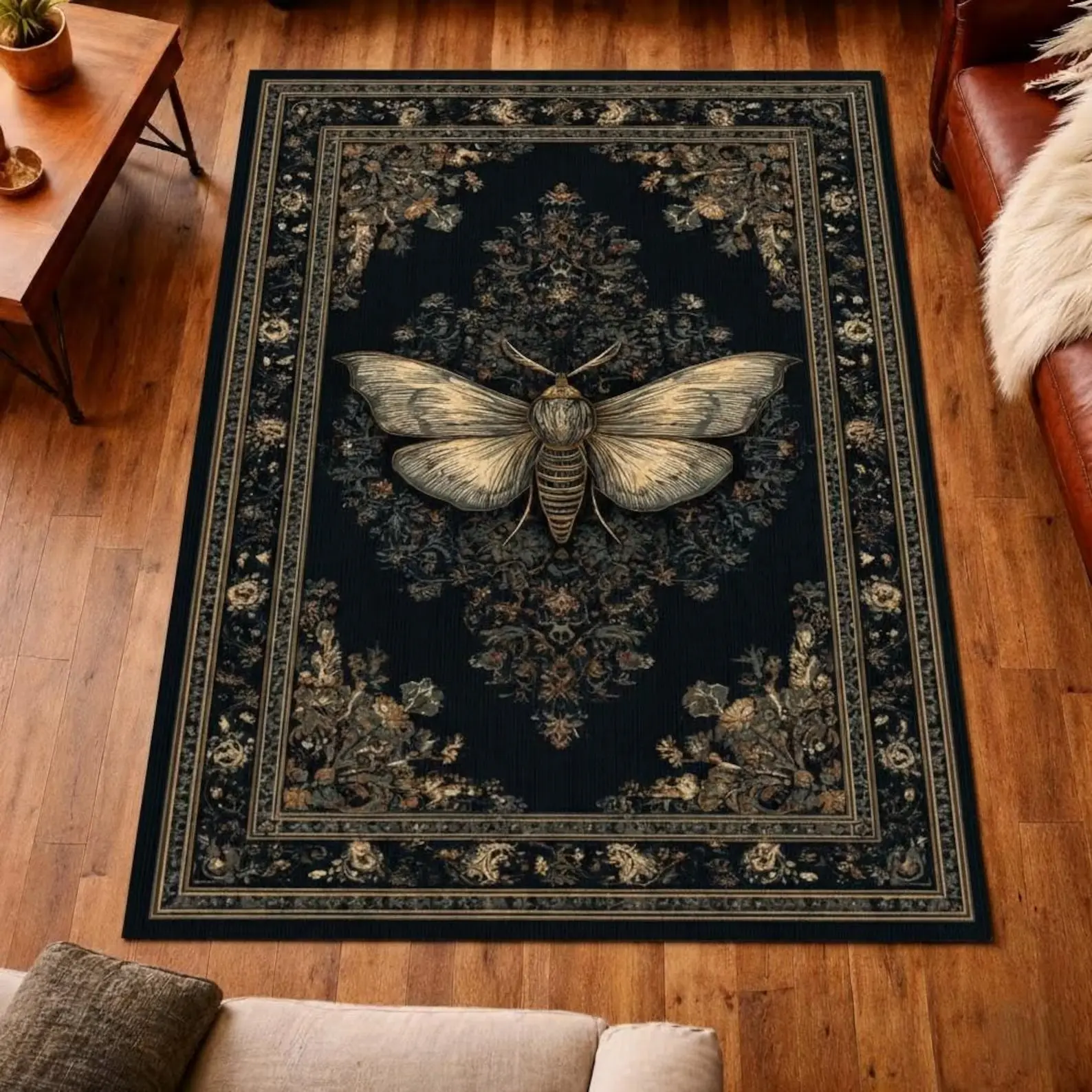 Gothic Moth Botanical Dark Rug Vintage Floral Insect Design