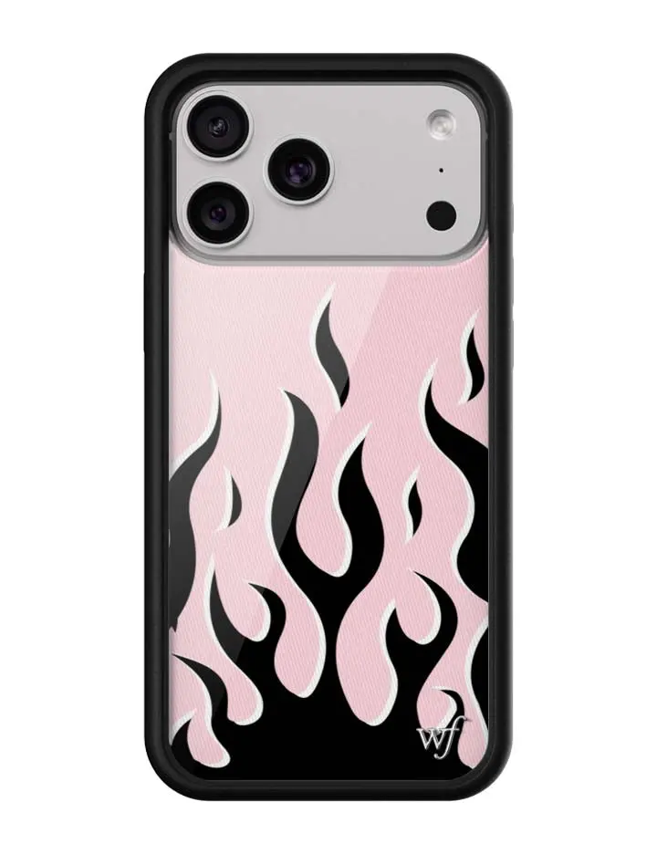 Pink Flames | Limited Edition Trendy iPhone Case | Raised Protective Black Bumper | Women Owned Small Business | Aesthetic Pretty Pink Background Black and white Flames | Safety Casing Protective | Gift for Her