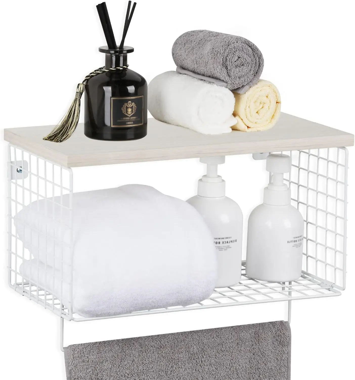 2-Tier Rectangle MDF & Metal Wall Mount Shelf with Towel Rack, Durable Bathroom Organizer Supplies, Minimalist Decluttering Space Saver, Easy Installation