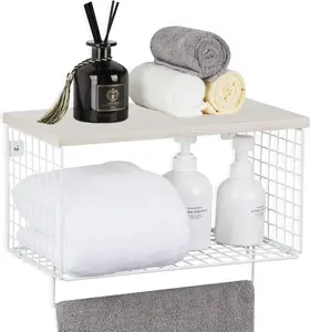 2 Tier Wall Mount Shelf w/Towel Rack Hanging Towel Storage Holder for Bathroom Wide Application Easily Installation Durable
