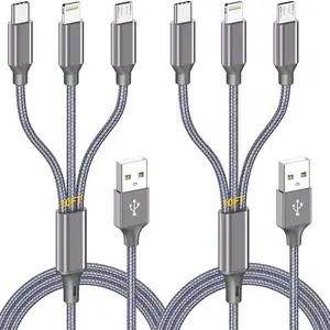 Long Multi Charging Cable 10Ft 2Pack, 3 in 1 USB Charging Cable for Multiple Devices, Mfi Certified Lightning Type C Micro USB Braided Universal Phone Charger Cord for Iphone Android Tablet HaoKanDe