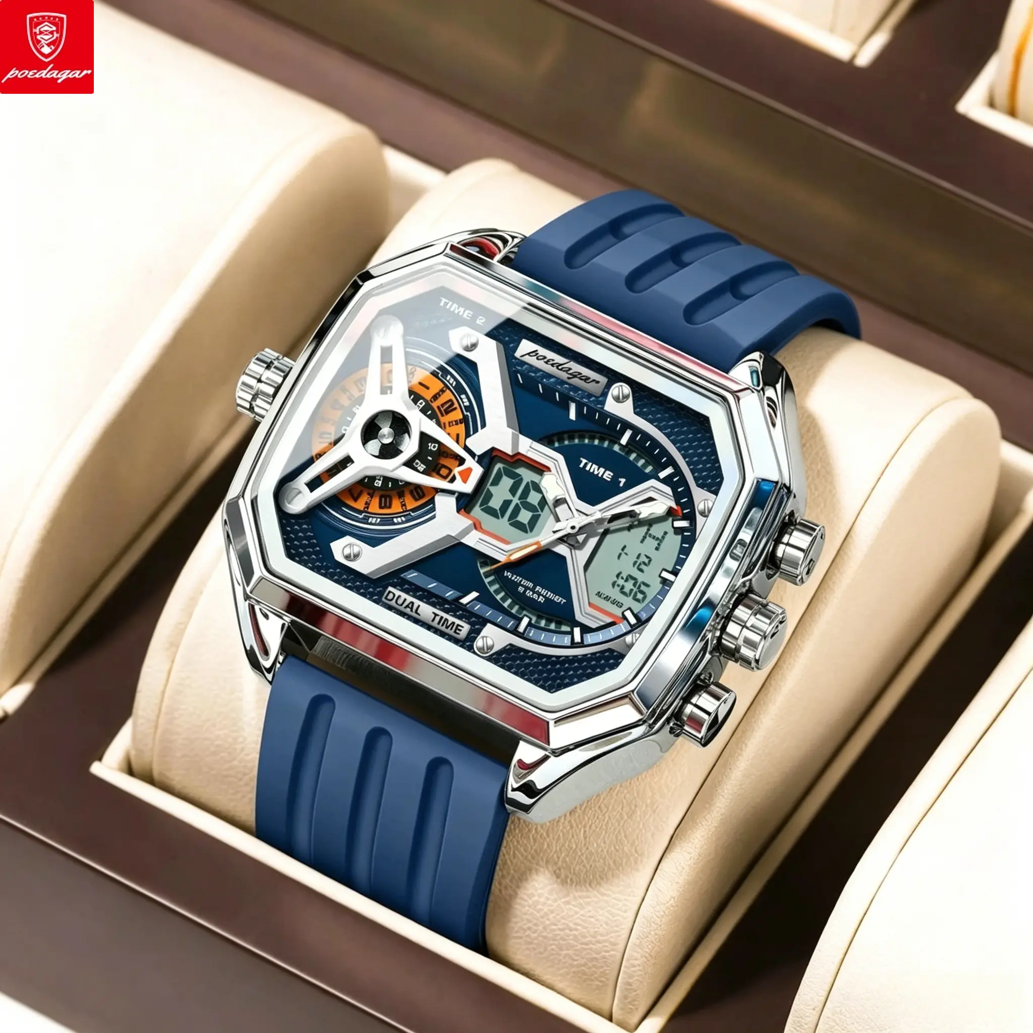 POEDAGAR Fashionable Multifunctional Digital Watch - Top Luxury Men's Rectangular Silicone Band Quartz Watch with LED Calendar, Weekly Light, Electronic Display, Fashionable Digital Watch