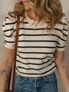 Striped Round Neck Puff Sleeve Knit Top Casual Comfort