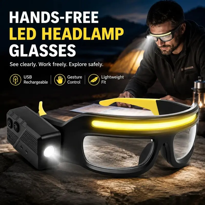 LED Headlamp Glasses, USB Rechargeable Hands-Free Headlight with Gesture Control, Multi-Level Brightness for Camping, Hiking & Night Work
