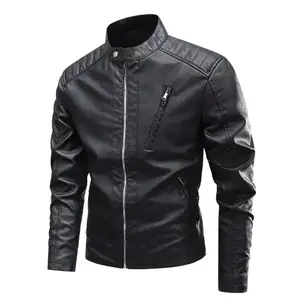 Men's Black Stand Collar Faux Leather Jacket, Retro Motorcycle Biker Style Zip-Up Coat with Utility Zippers