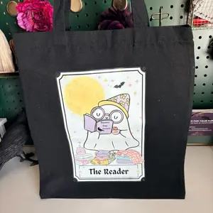The Reader Tote Bag - Black Canvas with Cute Ghost Design and Book Theme Perfect for Book Lovers and Everyday Use