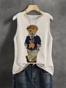 Elegant Women's Cartoon Bear Print Vest, Sleeveless Knitted Top, Breathable Casual Womenswear, Perfect for Spring Summer Fall
