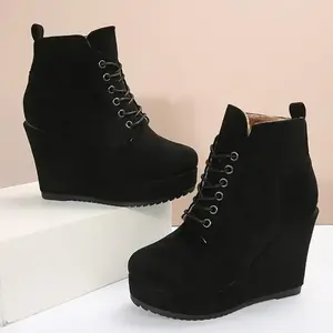 Cozy Thermal Wedge Ankle Boots - Ankle & Bootie - Warm Plush Lined, Lace Up, Platform, Short, Winter Boots for Women