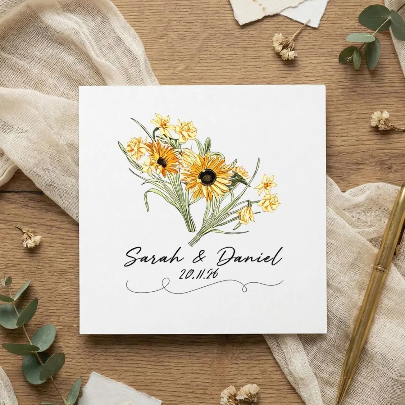 Personalized Sunflower Paper Greeting Card - 5x5 Kraft Paper Brown Stock, Botanical Floral, Couple Names & Date, Bridal Shower Favor Note, 2026 Customized Gifts, Self-Seal Envelope, Personalized Message Greeting Card, Paper Greeting Cards