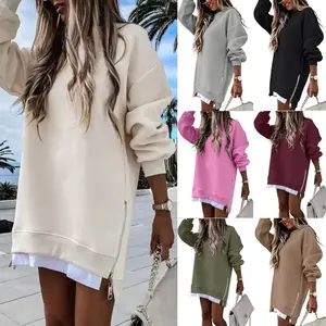 Womens Long Sleeve Pullover Sweatshirt Zipper Slit Casual Dress Drop Shoulder Oversized Outfits