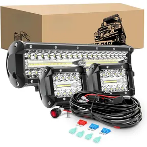 LED Light Bar Set, 12 Inch 300W Triple Row Spot Flood Combo Work Driving Lamp, 2 Pcs 4 inch 60 W with Wiring Harness for Off road ATV Boat Lighting, Year Warranty RGB LED Rock Lights Kit with App Control