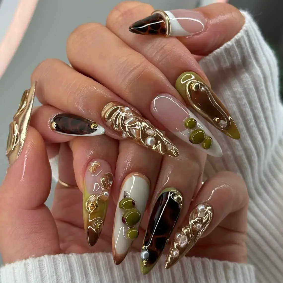 Autumn Luxe Tortoiseshell Press On Nails | Green & Gold Artistic Nail Set | Pearl Accent Nails | Statement Stiletto Press Ons
