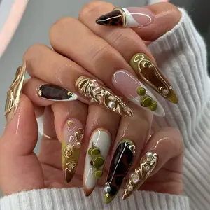 Autumn Luxe Tortoiseshell Press On Nails | Green & Gold Artistic Nail Set | Pearl Accent Nails | Statement Stiletto Press Ons