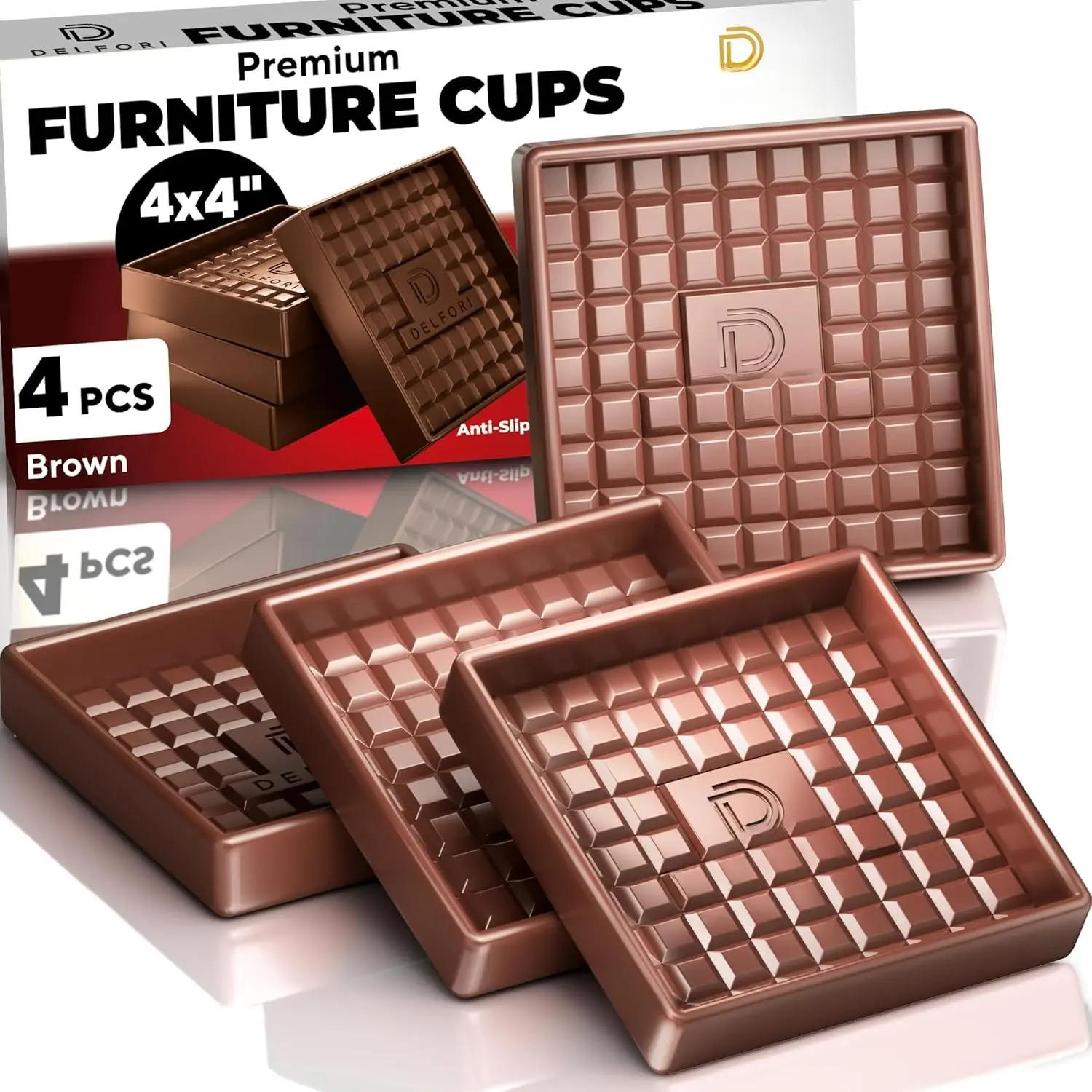 Furniture Cups 4x4 Brown Anti-Slip Coasters for Hardwood & Tile Floors Heavy-Duty PVC Coasters to  Sliding and Protect Floors 4 Pack