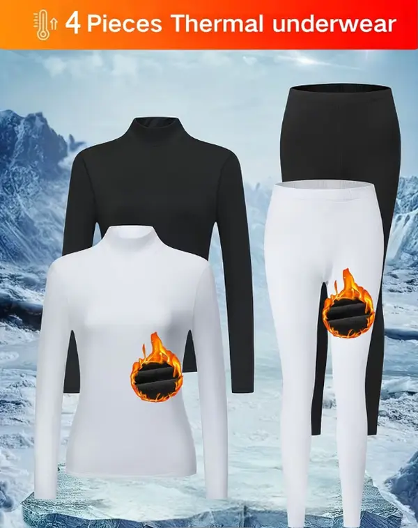 Women's 4-Pack Essential High Neck Fleece Thermal Underwear Sets, Comfortable Basic Pieces for Autumn & Winter