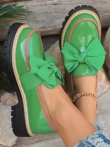 Women's Retro Bowknot Leather Shoes, Shiny Thick Sole Chunky Heel, Versatile Single Shoe for Women, New Arrival 2026, Stylish, Classy, Elegant
