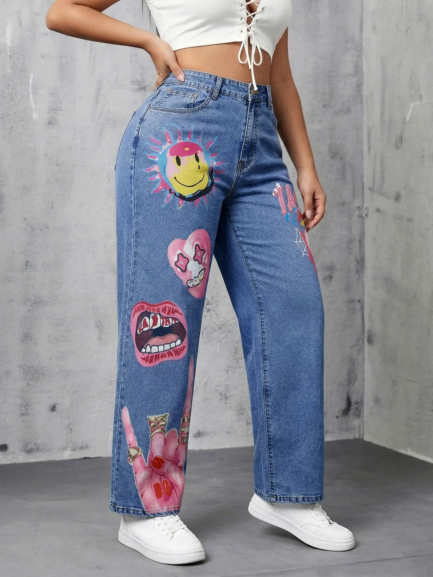 JR JEANIUS WEAR Women's High Waisted High Stretch Oversized Wide Leg Denim Trouser, Trendy Graffiti Print, Light-Wash, Breathable Non-Iron Baggy Piece, Everyday Streetwear Bottom Pants for All Seasons