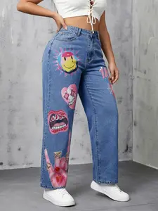 JR JEANIUS WEAR Women's High Waisted High Stretch Oversized Wide Leg Denim Trouser, Trendy Graffiti Print, Light-Wash, Breathable Non-Iron Baggy Piece, Everyday Streetwear Bottom Pants for All Seasons