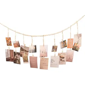 Hanging Photo Display with 18 Wood Clips, Boho Wooden Bead Wall Décor for Bedroom, Living Room, Dorm, Kids Art Picture Display