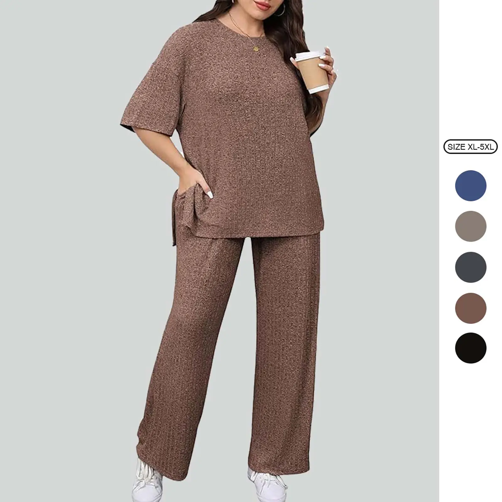 Imily Bela【1XL-5XL】Womens Plus Size Lounge Sets Short Sleeve Tops and Wide Leg Pants Airport Travel 2 Piece Outfits Tracksuit