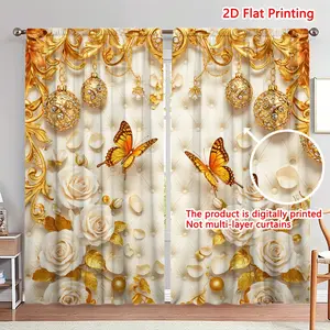 2pcs Golden Carved Floral Butterfly Printed Curtains, Thermally Insulated and Blackout Privacy Panels, Woven Polyester Bristle Fabrics for All Kinds of Rooms