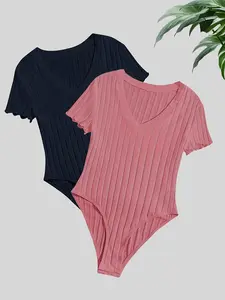 Women's Solid V Neck Bodysuit, Casual Short Sleeve Bodysuit for Summer, Ladies Clothes for Daily Wear, Womenswear