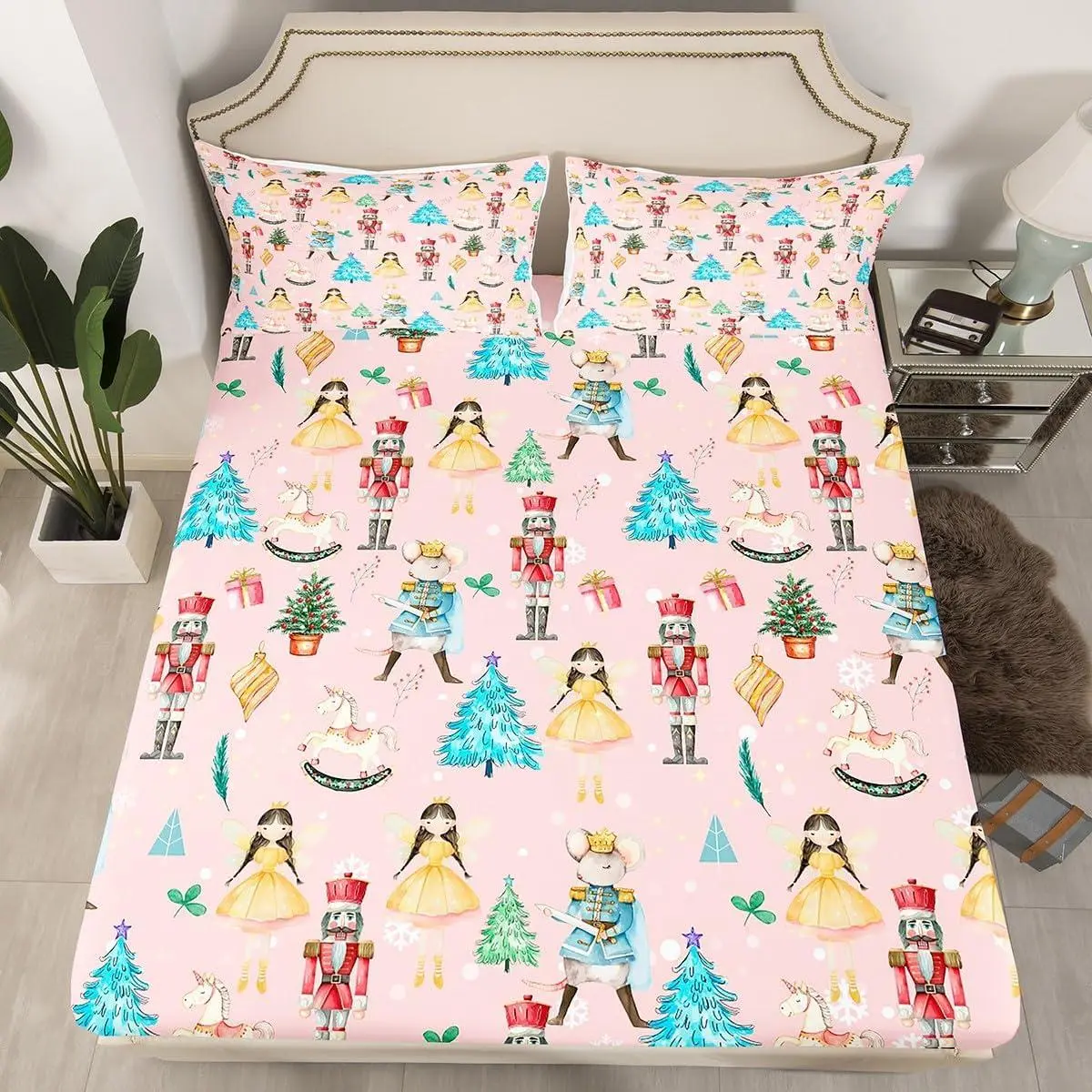 Christmas Nutcracker Decor Bed Sheets Sets Cartoon Mouse Soldier Royal Guarder Princess Fitted Sheet Deep Pockets Xmas Pine Tree Snowflake Bedding Set Pillow Case Pink,NO TOP Sheet