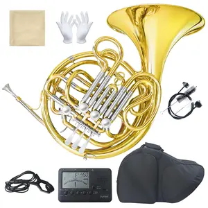 Double French Horn (Fb/Bb) 4 Keys Gold Lacquer - Intermediate Brass Instrument with Case, Mouthpiece and Cleaning Kit - Complete Accessory Kit for Concert Band and Solo Performance