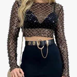 Top Women's Black Mesh Crop Top with Long Sleeves and Belted Design Top Women