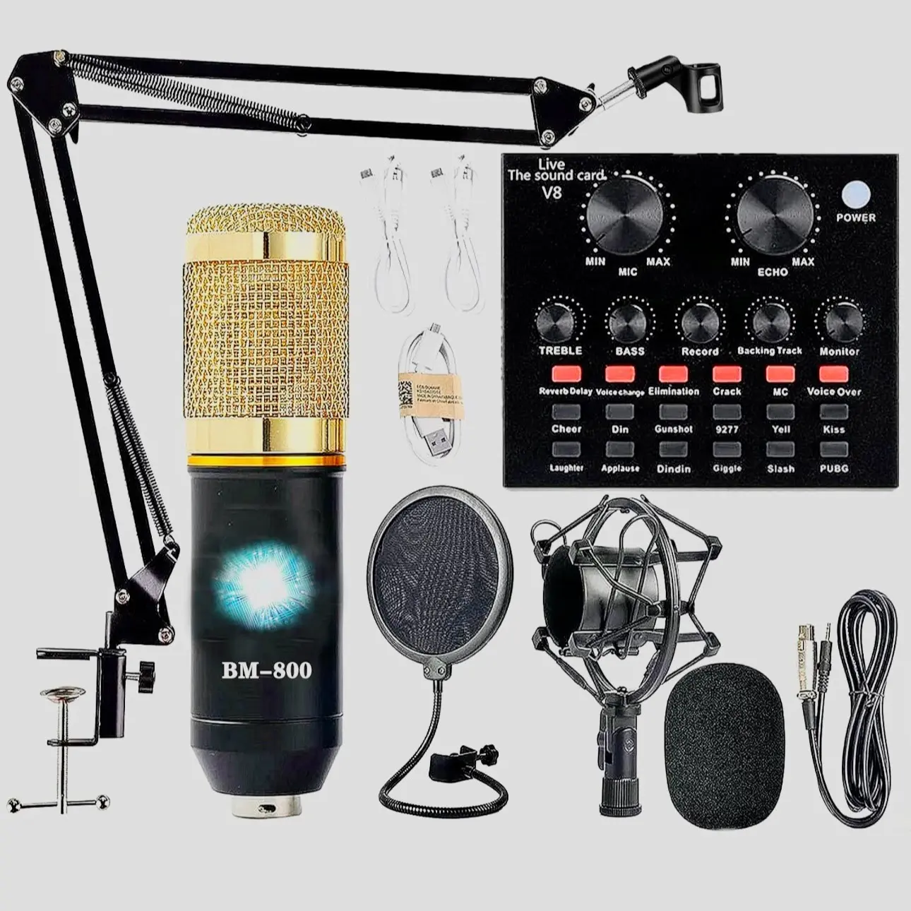 Podcast Equipment Bundle, BM-800 Smartphone Recording Studio Package with Voice Changer, Live Sound Card - Audio Interface for Laptop Computer Vlog Living Broadcast Live Streaming YouTube TikTok (AM100-V8)