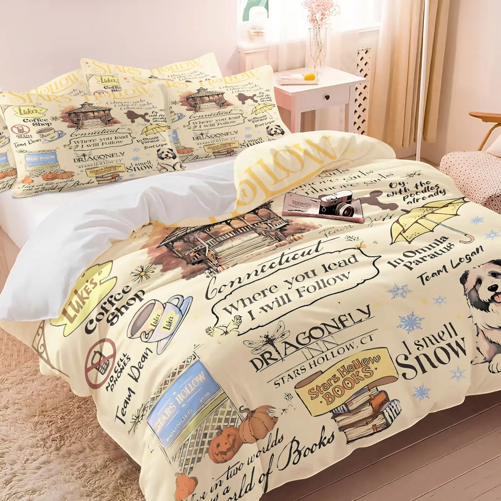 Gilmore Girls themed duvet cover set, Decorative duvet cover, 1 duvet cover & 1/2 pillowcase, no fillers, features hand-painted pattern on beige background, vintage cozy feel, perfect for nostalgic bedroom, suitable for gifting/personal use