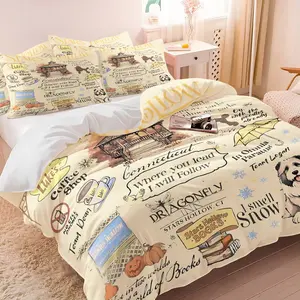 Gilmore Girls themed duvet cover set, Decorative duvet cover, 1 duvet cover & 1/2 pillowcase, no fillers, features hand-painted pattern on beige background, vintage cozy feel, perfect for nostalgic bedroom, suitable for gifting/personal use