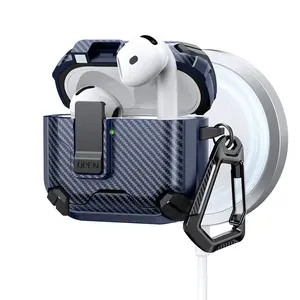 Carbon Fiber Car Mount Magnetic Charging Holder, Shockproof Case for AirPods 4 Pro2 Pro, Anti-Drop Earphone Cover, Accessories for Car Use