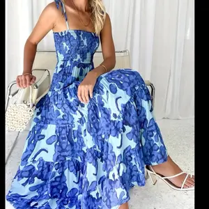 Women’s [Summer-Ready Blue Print Dress] Print Dress - Chic Blue & White, Sleeveless with Ruffled Detail, Polyester, Summer-Ready, Non-Transparent, Woven Fabric for Women spring dresses
