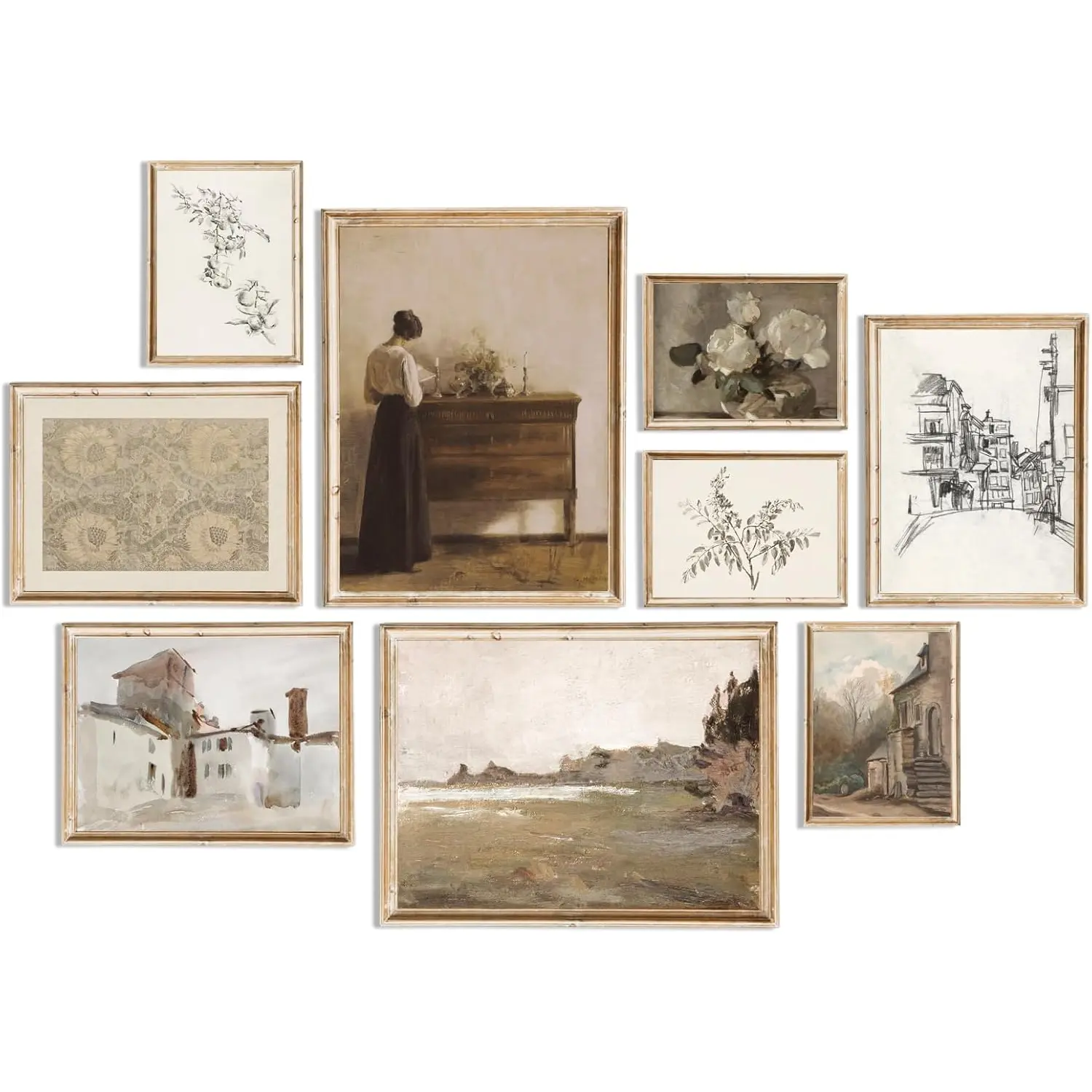 Vintage Wall Art Prints Decor, Farmhouse Wall Decor French Country Canvas Art Prints Antique Country Flower Classical Women Vintage Painting Poster, Sketches Rustic Cottagecore Decor Retro Aesthetic Pictures for Bedroom,Unframed uniro