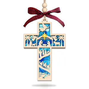 Christmas Tree Holy Infant Cross Ornament - Religious Theme Christian Christmas Hanging Decoration 2025 Family Gift - Acrylic Wooden Holy Infant Scene Cross, Jesus Hanging Decoration, Holy Family Ornament