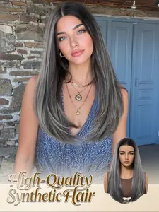 13x4 HD Lace Wig 18" Straight Layered | Ombre Dark Root Silver Grey Heat Resistant Synthetic Wig Breathable Cap